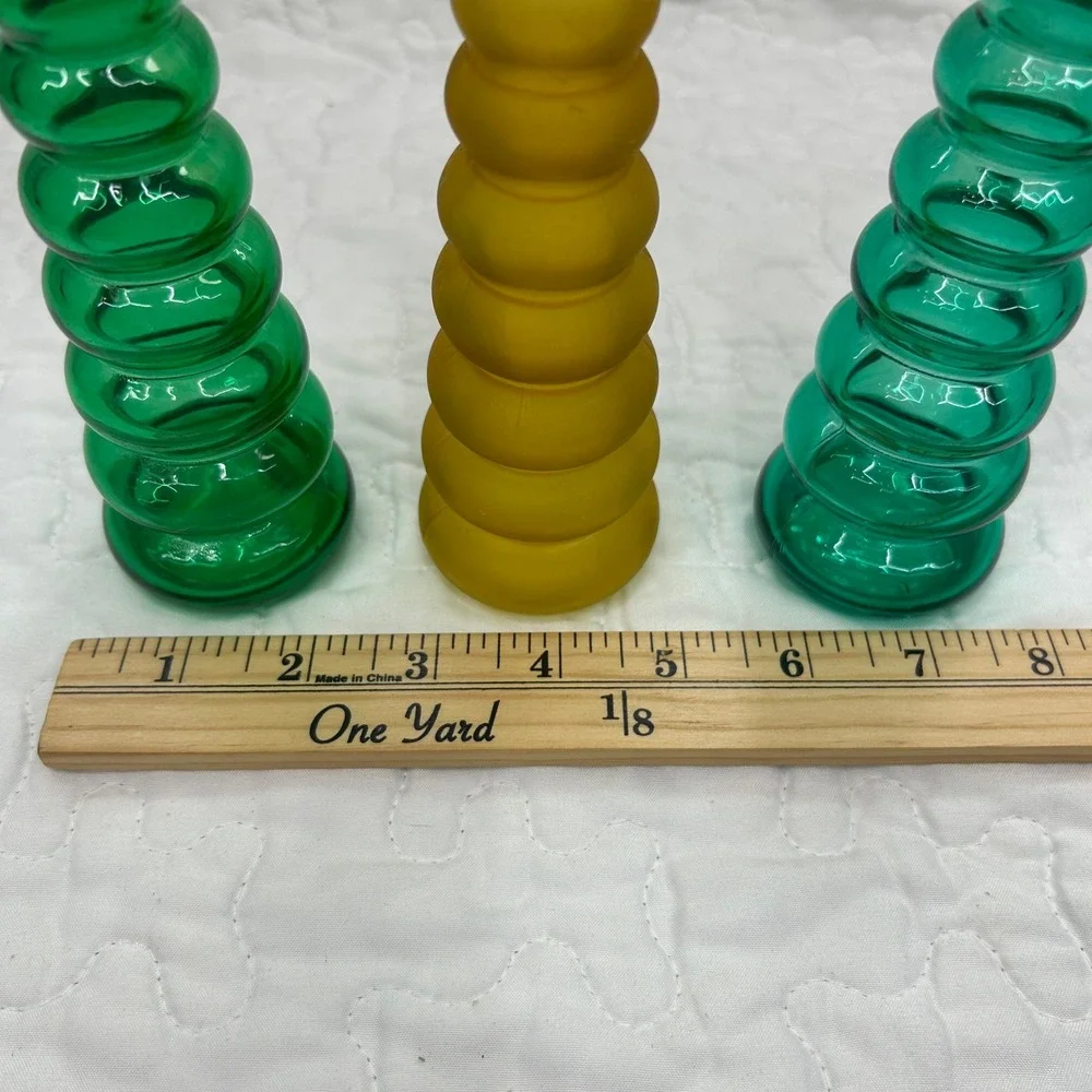 Vintage Art Glass Bubble Ribbed Bud Vases Lot 4 Green Yellow Frosted Mid Century